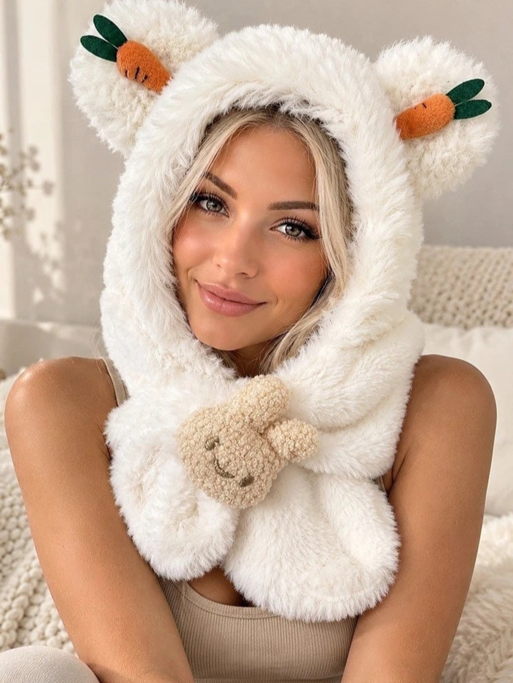 White Plush Bunny Hood Scarf Hat Carrot Ears Kawaii Winter Balaclava
